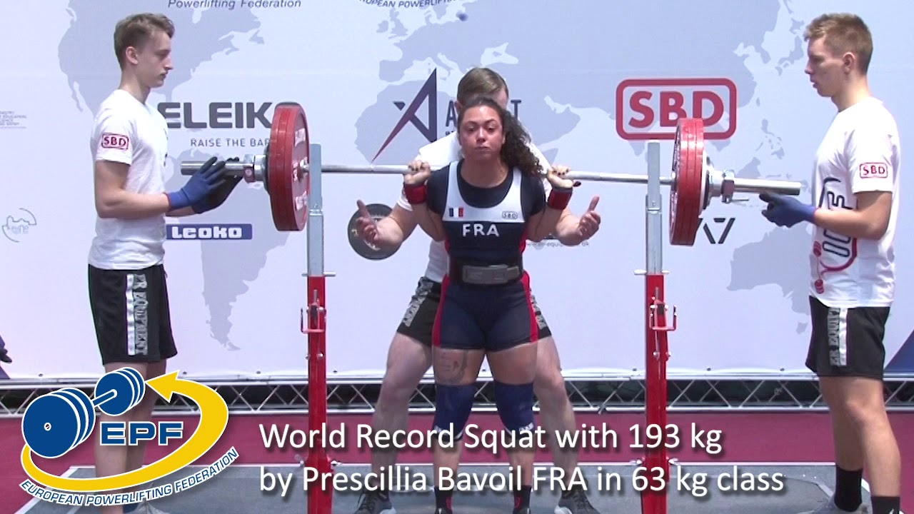 World Record Squat with 193 kg by Prescillia Bavoil FRA in 63 kg class