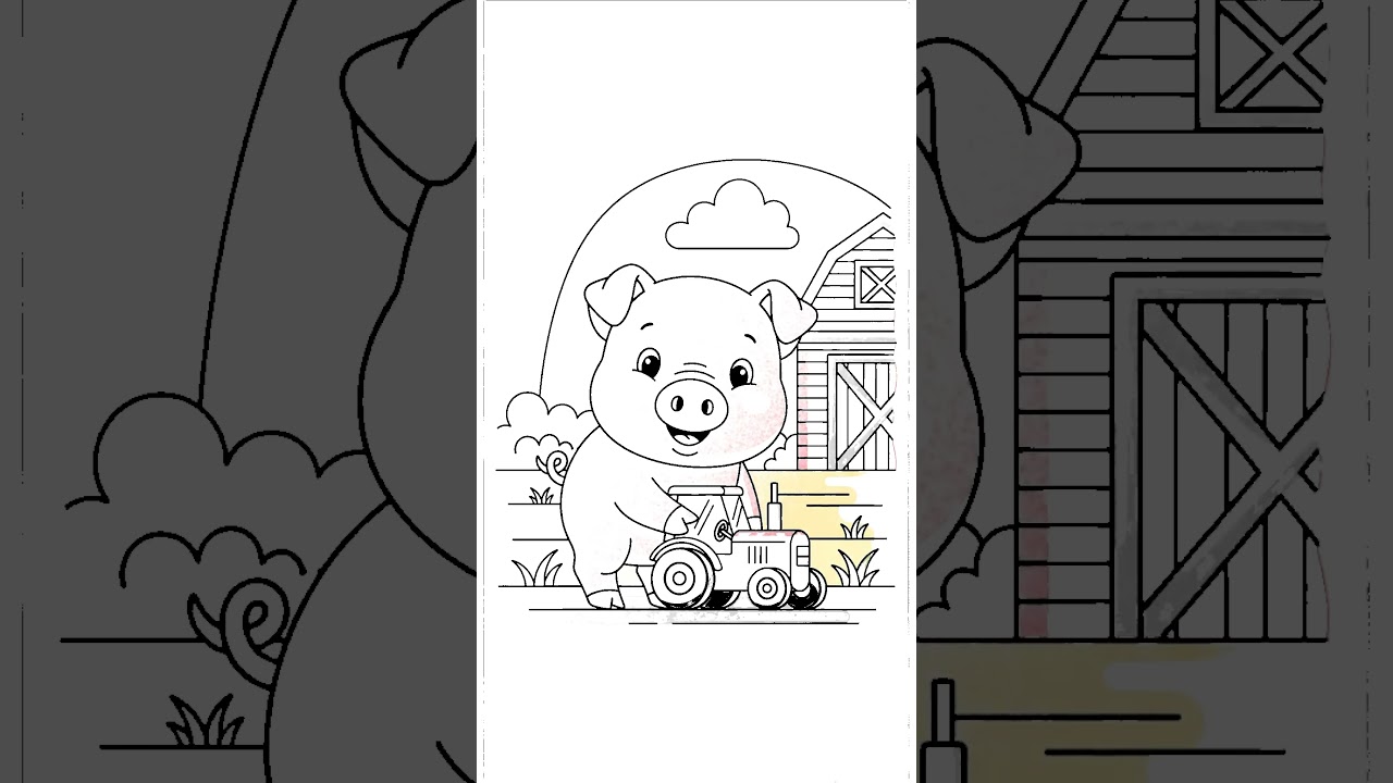 Cute Farm Animals Coloring Book – 3041 Pig Playing With A Toy Tractor In The Barnyard. Cu Coloring P