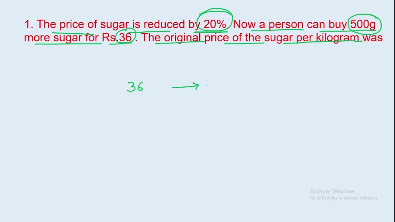 1. The price of sugar is reduced by 20%. Now a person can buy 500g more sugar for Rs.36 .|| edu214