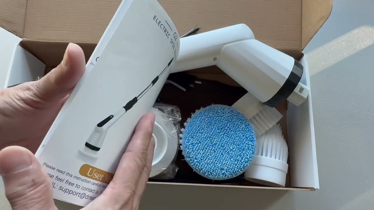 Распаковка электрической вращающейся мочалки для ванной комнаты Dreazu IPX7 с 7 сменными щетками