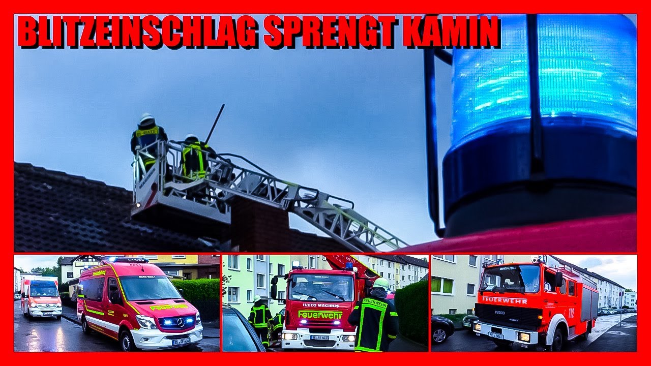⚡️ Blitzeinschlag sprengt Kamin ⚡️ 🚒 Feuerwehr Recklinghausen mit Drehleiter & Sicherungsarbeiten