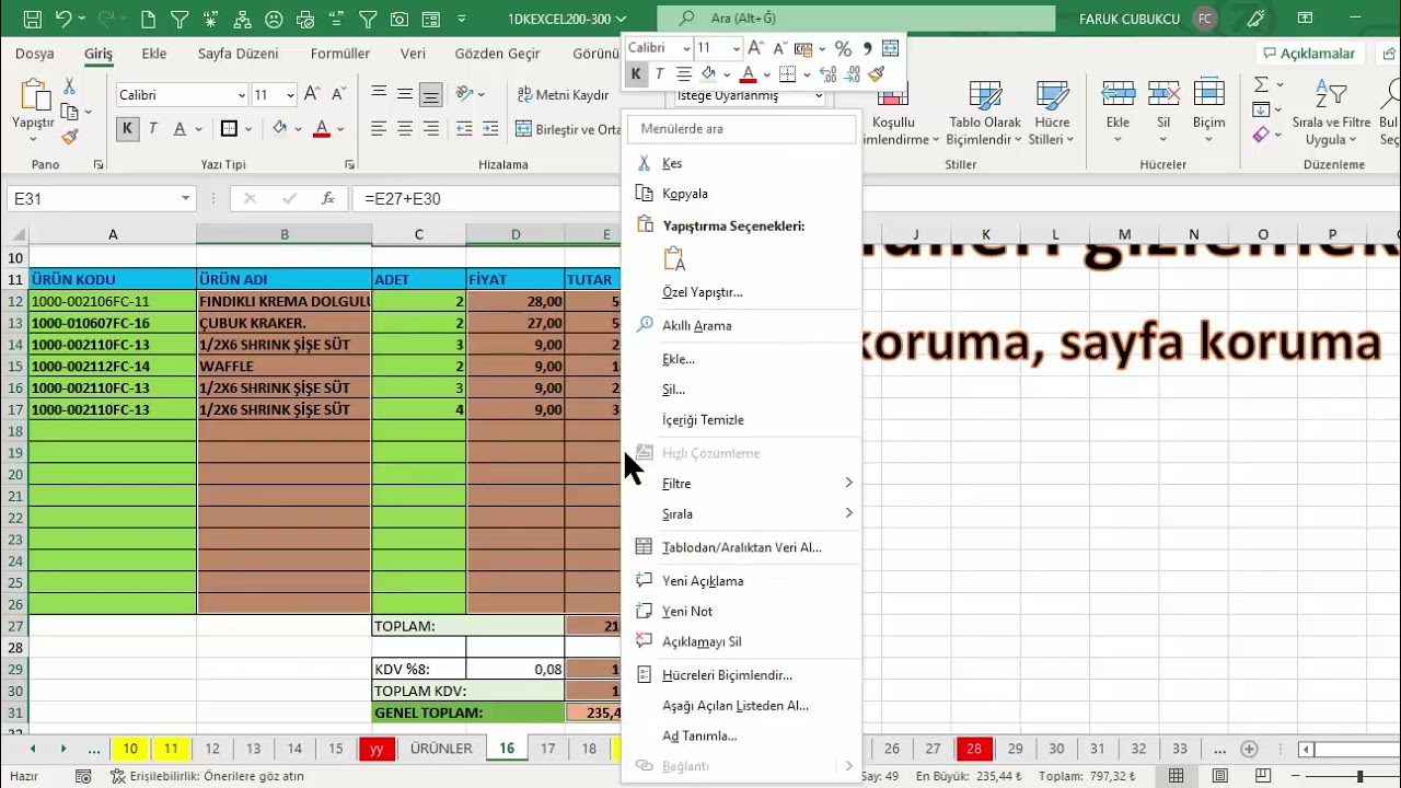 Excel 1 Dakika - Form&uuml;lleri Gizlemek
