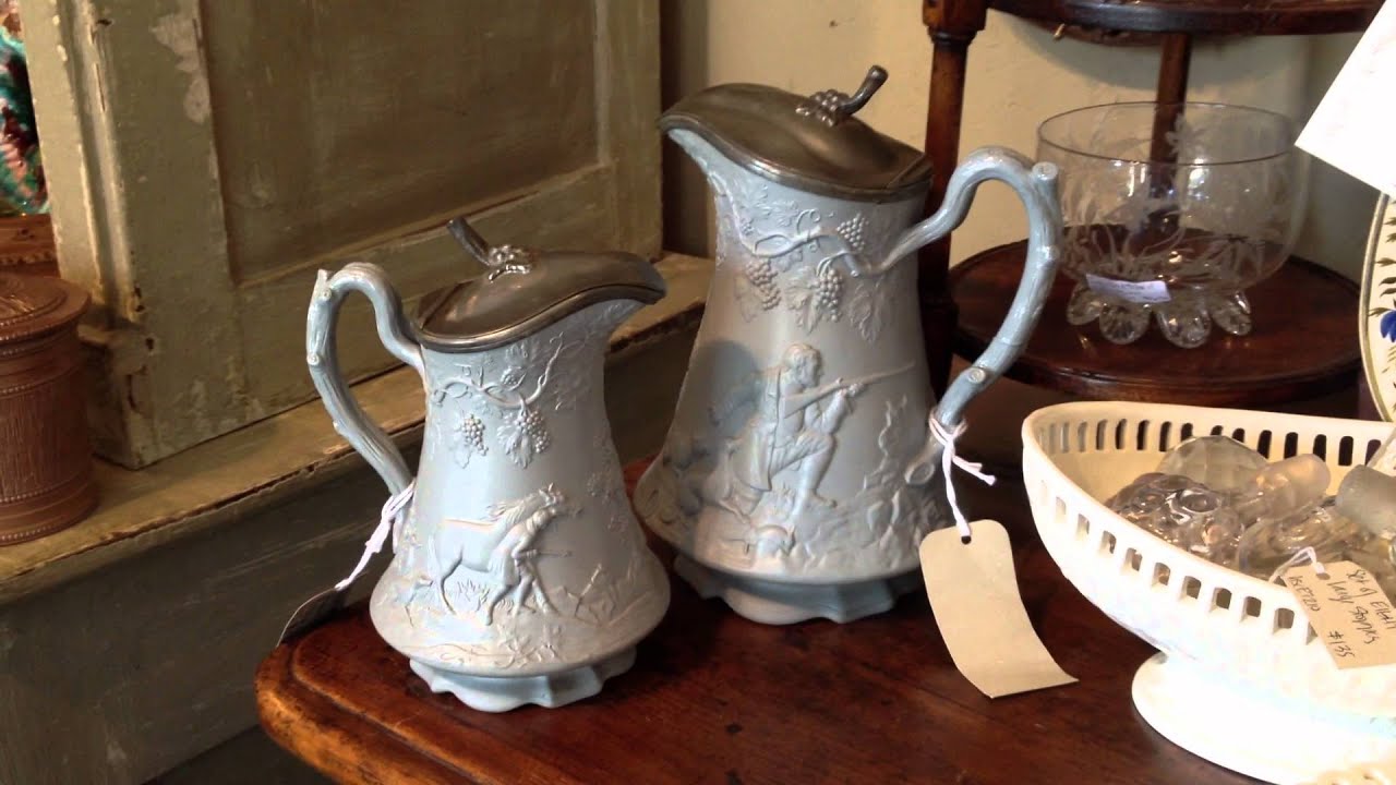 Two Antique English Blue Stoneware Salt Glazed Pottery Jugs - Heather Cook Antiques