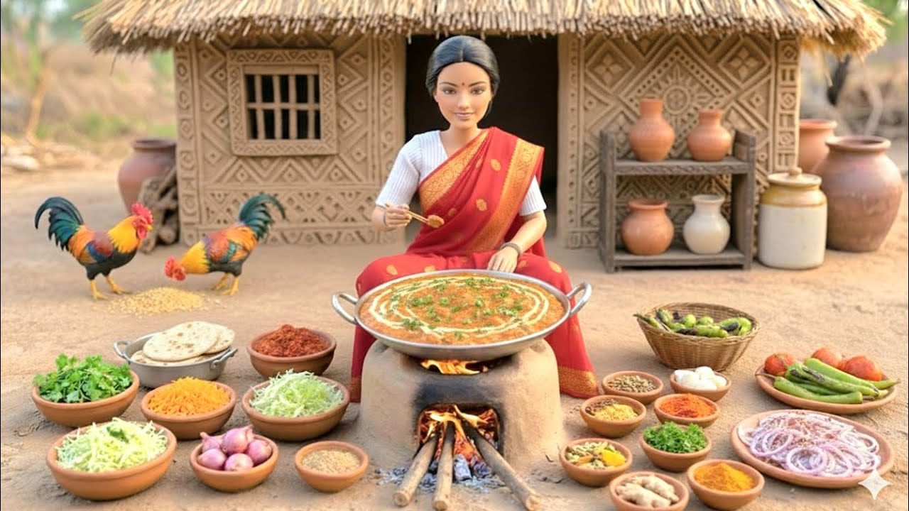 Tiny Doll Cooks Butter Chicken 🍛 | Miniature Village Cooking ASMR | Moss Village World