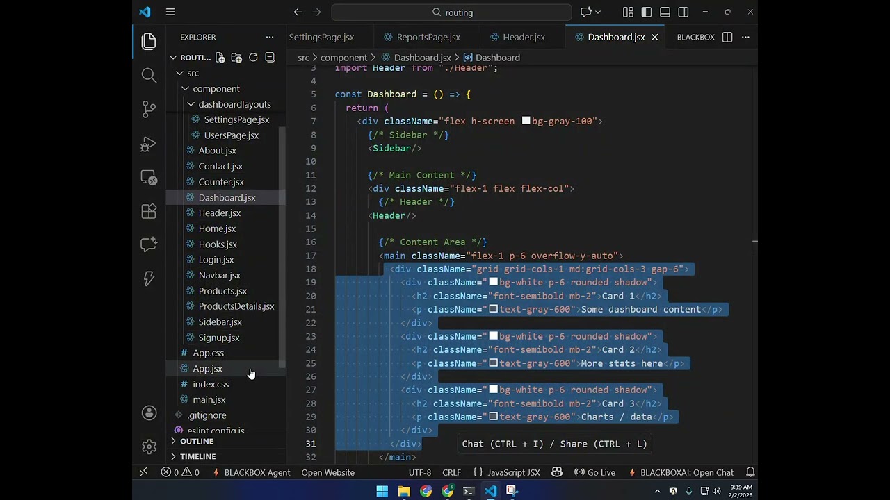 Class 14 AI-202408B Child Routing in React Dashboard