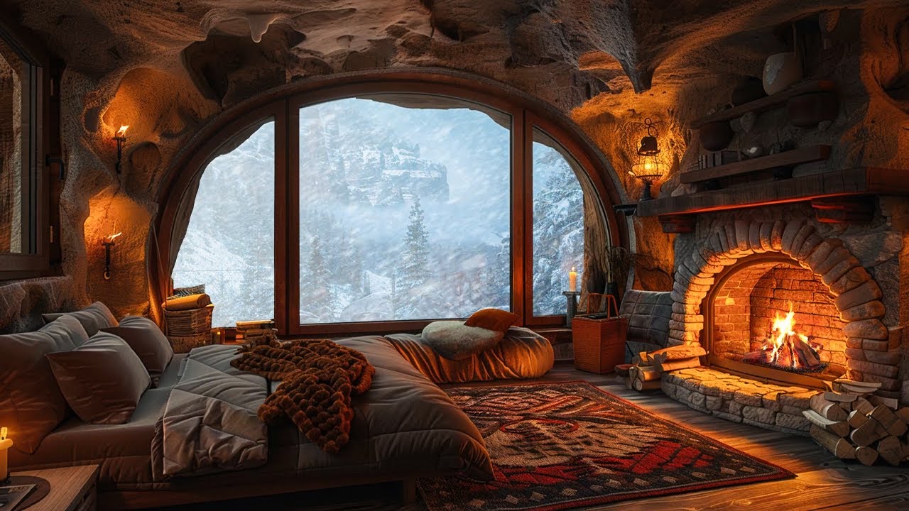 Cold snow storm night ambience | Cozy cave with soothing fireplace | Sleep, study, relax, ASMR