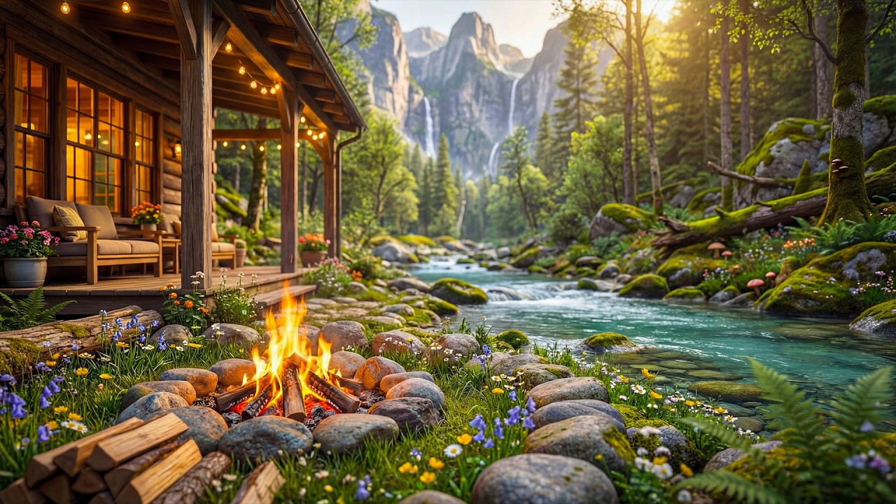 Cozy Spring Morning Riverside Campfire 🔥🌸 Crackling Fire, Birdsong & Flowing Water Sounds for Study