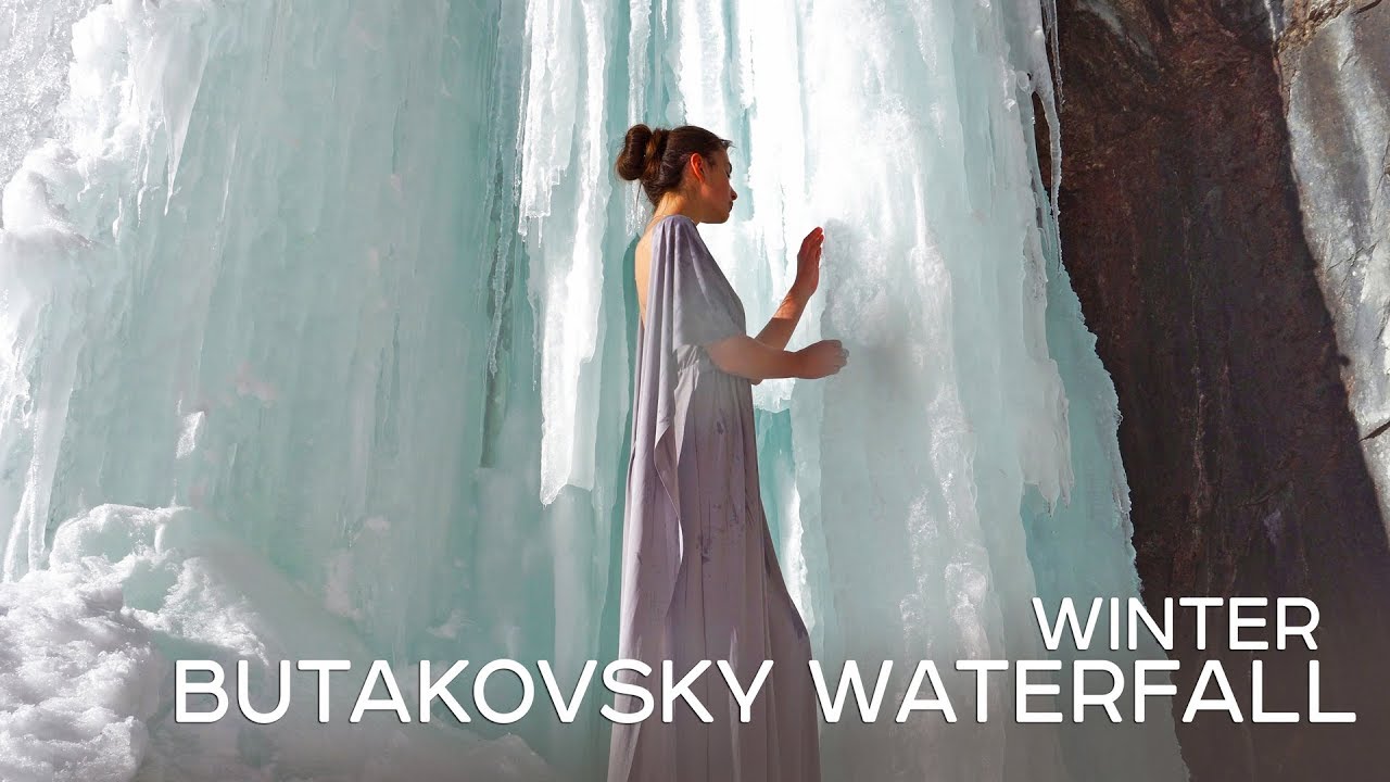 Winter Butakovsky waterfall (Kazakhstan, Aerial Drone) / Зимний Бутаковский водопад (аэросъемка) 4K