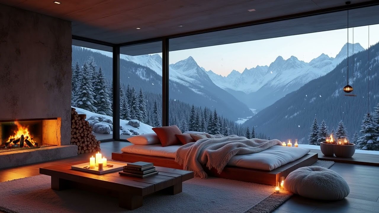 🏔️ Alpine View Bedroom w/ Fireplace & Candles 🕯️ Ultimate Winter Serenity #CozyVibes #MountainMagic