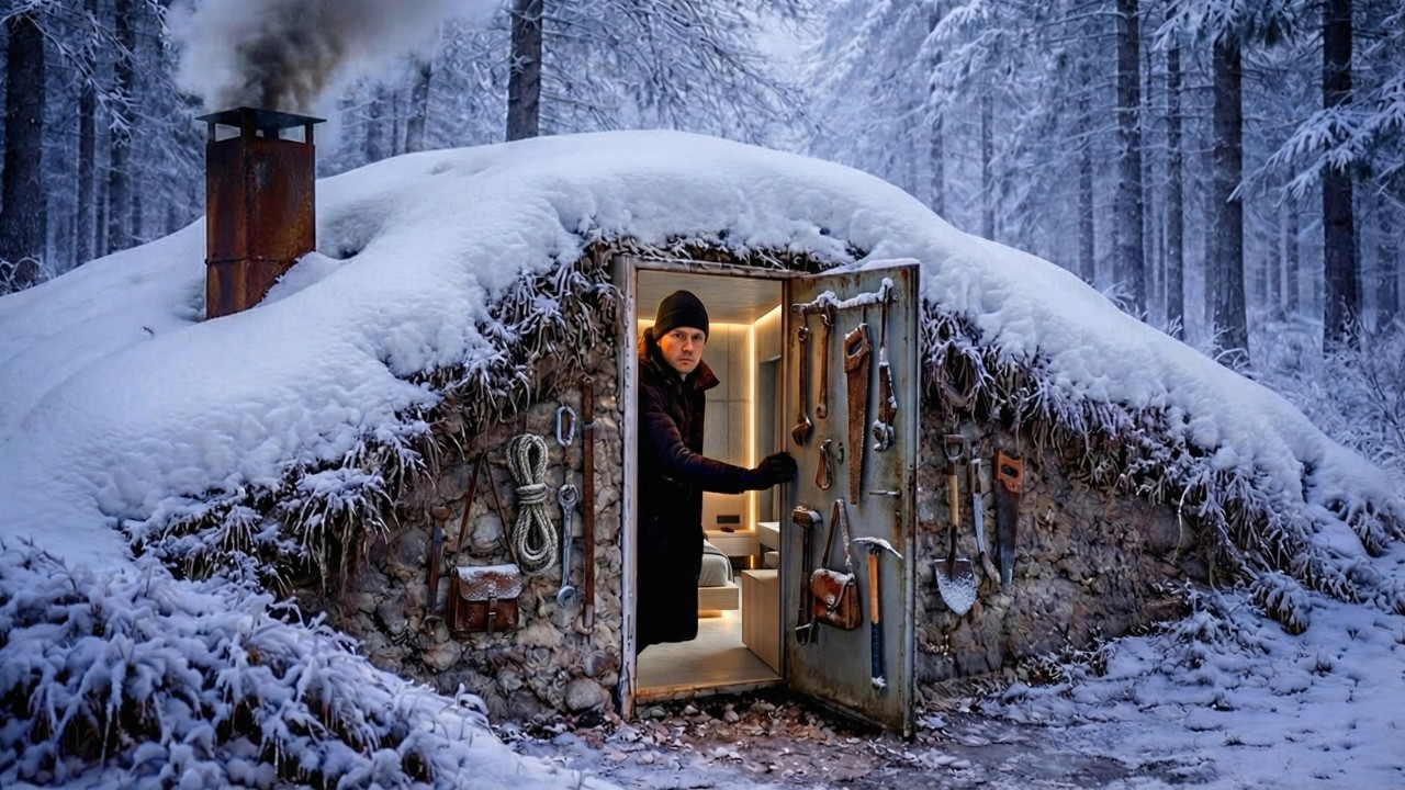 Building a Secret Hideout in a snow Forest  — Building a house in the Forest (ASMR)