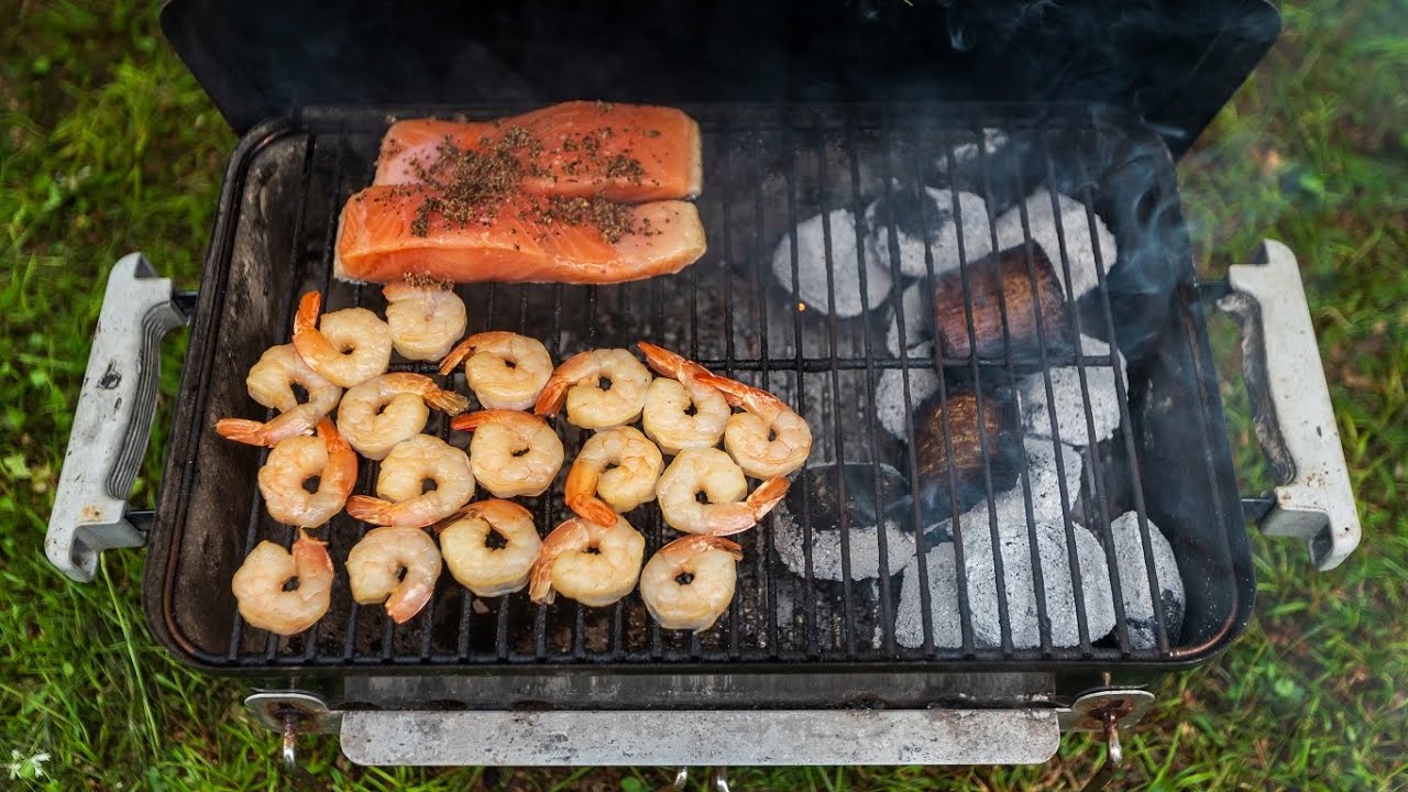 Weber Go Anywhere -  All This: Salmon Prawns White Asparagus Tomatoes Cheese Sausages - Smoking and