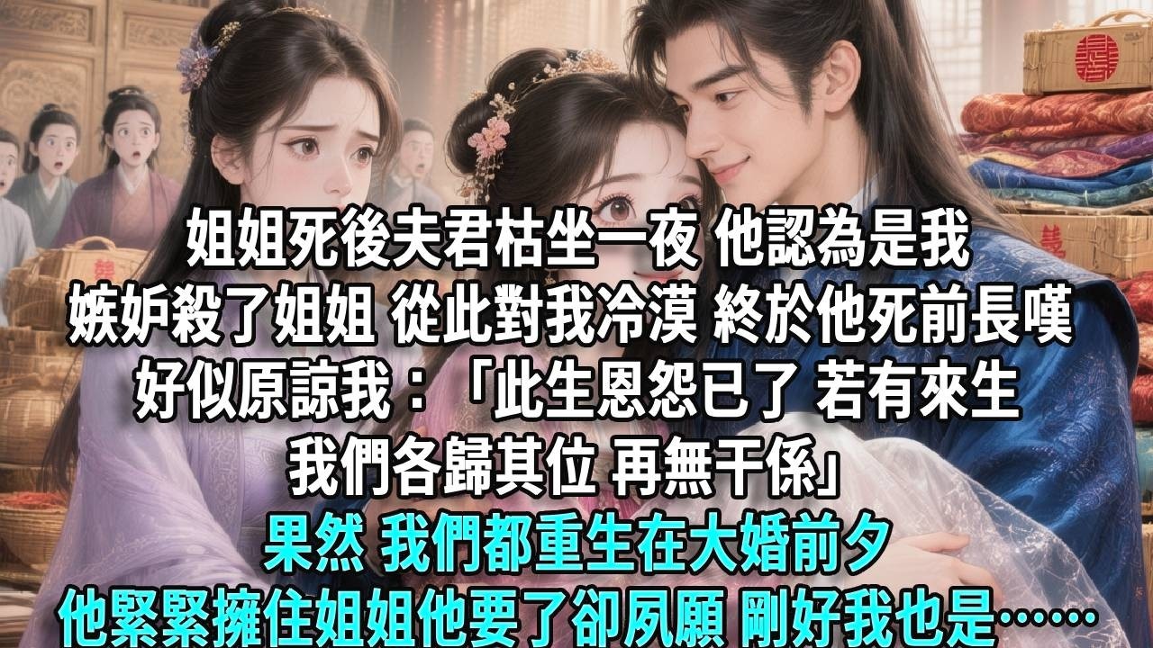 姐姐死後，夫君枯坐一夜，他認為是我嫉妒殺了姐姐，從此對我冷漠。他臨死前長嘆，好似原諒我，開口：「此生恩怨已了，若有來生，我們各歸其位，再無干係。」果然，我們都重生在大婚前夕，他緊緊擁住姐姐，他要了卻夙