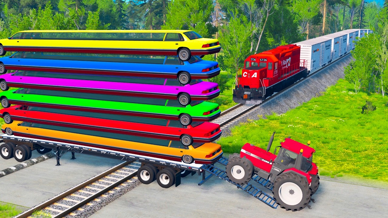 TRANSPORTING PIXAR CARS & FRUITS WITH COLORED & JOHN DEERE vs CLAAS vs TRACTORS - BeamNG.drive #962