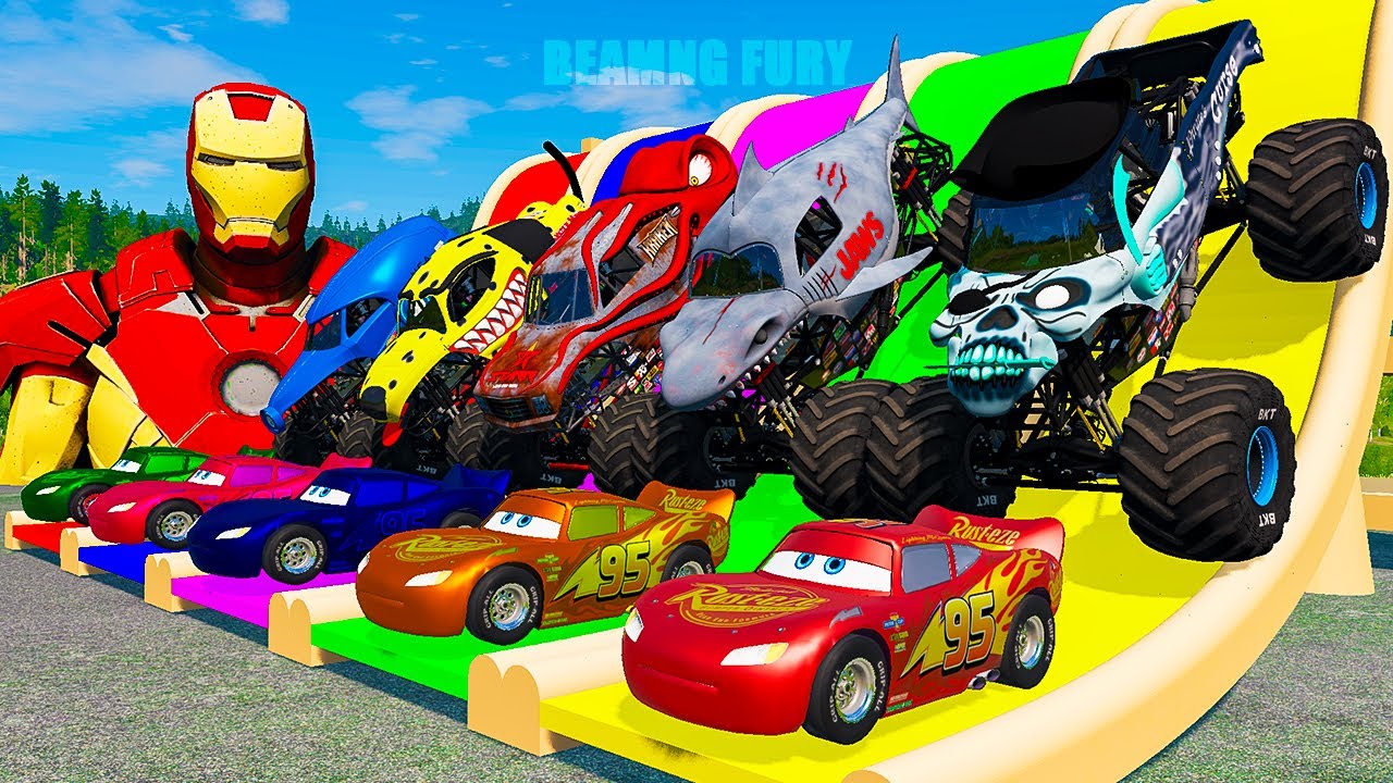 5 Monster Trucks vs Giant Color Water Slide – Neon City Slide Clash (Ep 62)