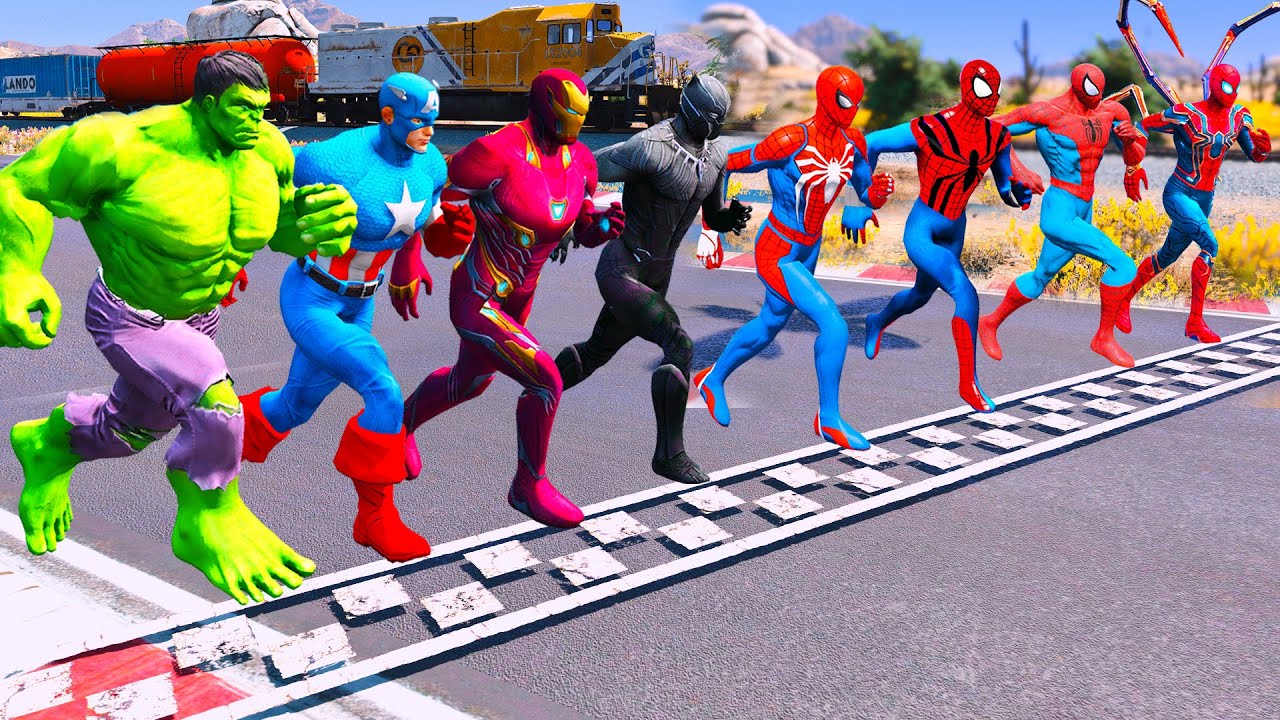 SUPERHEROES RUNNING CHALLENGE, TEAM SPIDERMAN MOTORBIKES RACE on Beach RAMP Jump Challenge - GTA 5