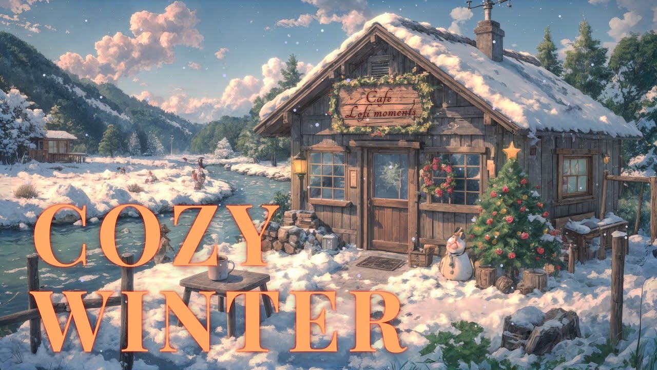 Cozy Winter Café Lofi ☕ Snowy Mountains, River & Soft Sun