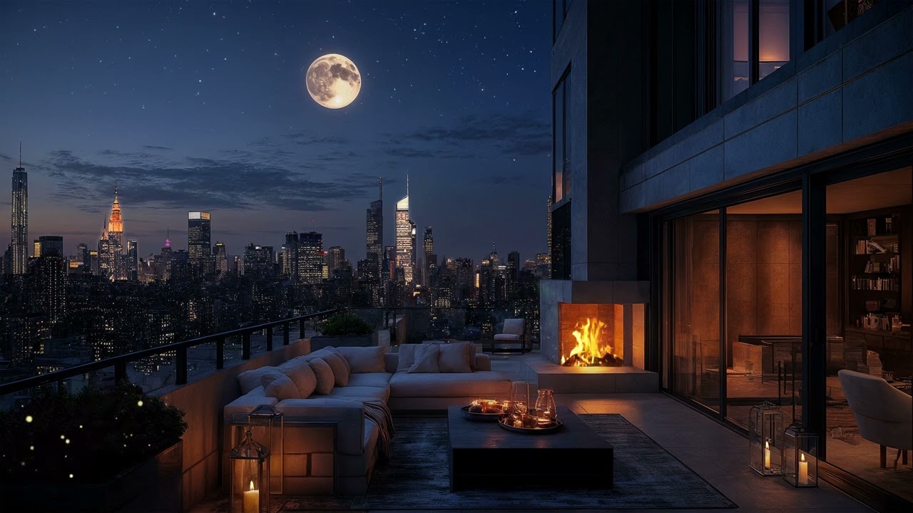 Moonlit Rooftop Fireplace with City Lights – Relaxing Night Ambience for Sleep