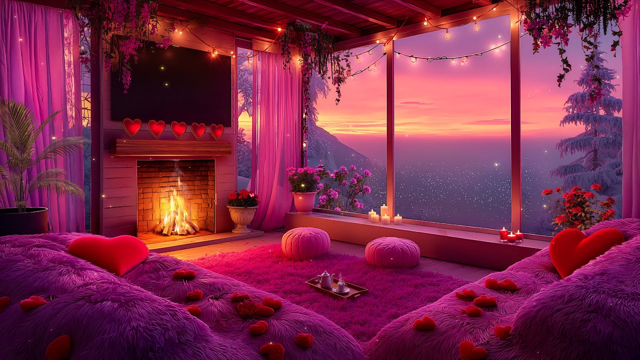 🎶 Romantic Jazz for Valentine 💕 Cozy Pink Fireplace Room & Relaxing Sunset Atmosphere