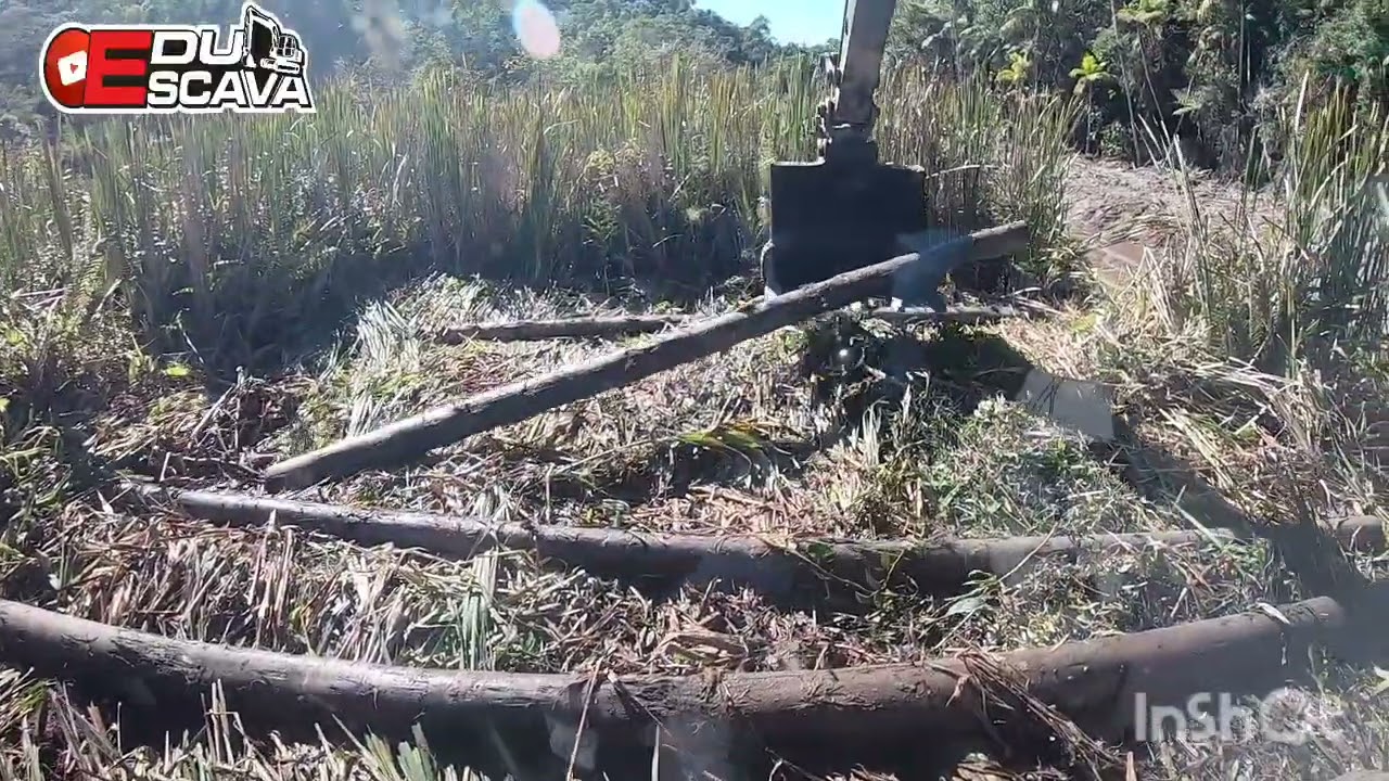 Trabalhando no brejo com escavadeira em cima da estiva 