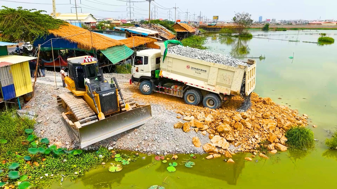 Full Video ! Land filling, Bulldozer SHANTUI DH17C3, Dump truck unloading