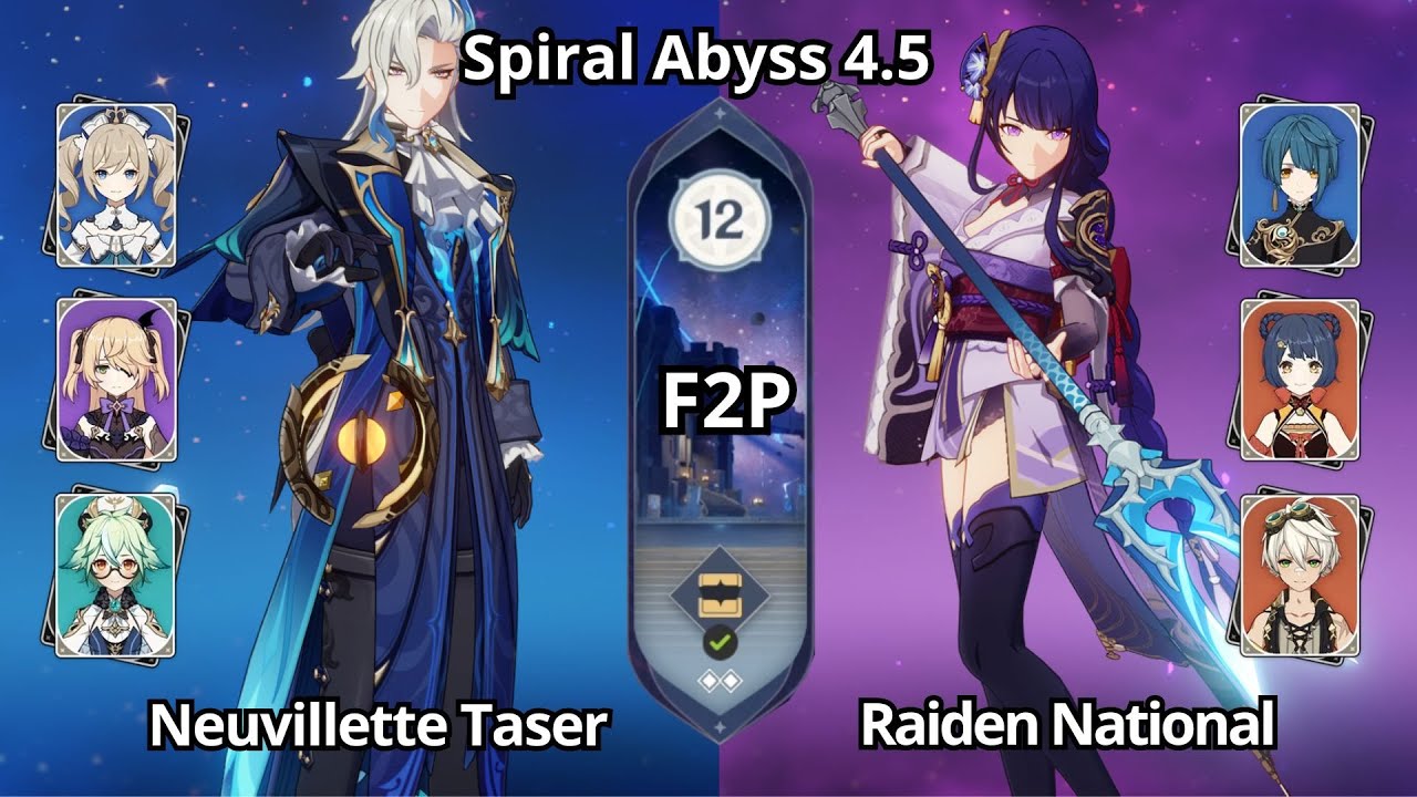 (F2P) C0 Neuvillette Taser & C0 Raiden National - Spiral Abyss 4.5 Floor 12 Genshin Impact