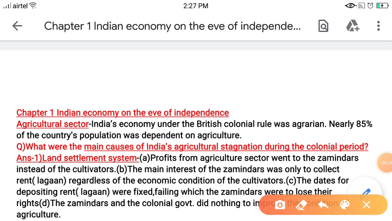 Class XII- Full chapter 1- Indian economy on the eve of independence and ncert question answers