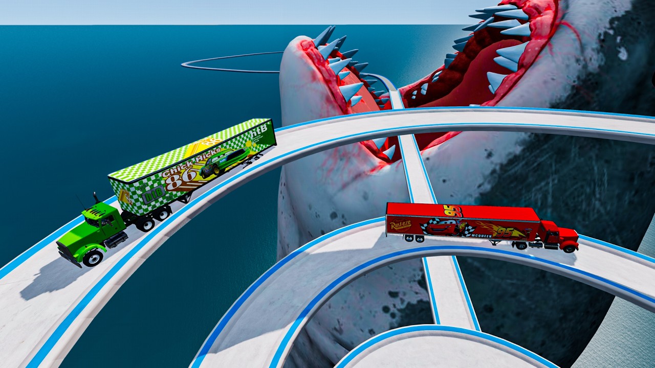 Mack Truck vs Chick Hicks Truck vs Impossible Wave Bridge Vs Shark Statue   BeamNG.Drive