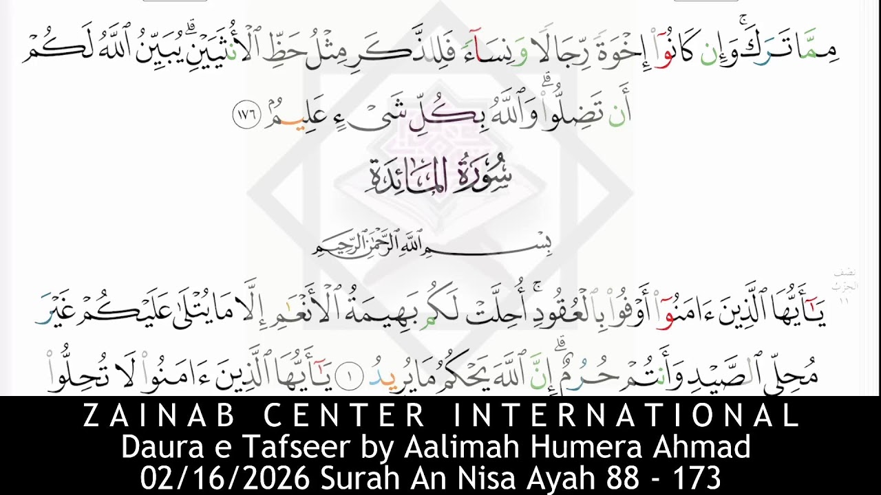 02/16/2026 Surah An Nisa Ayah 88 -173 - Daura e Tafseer 2026 by Aalimah Humera Ahmad