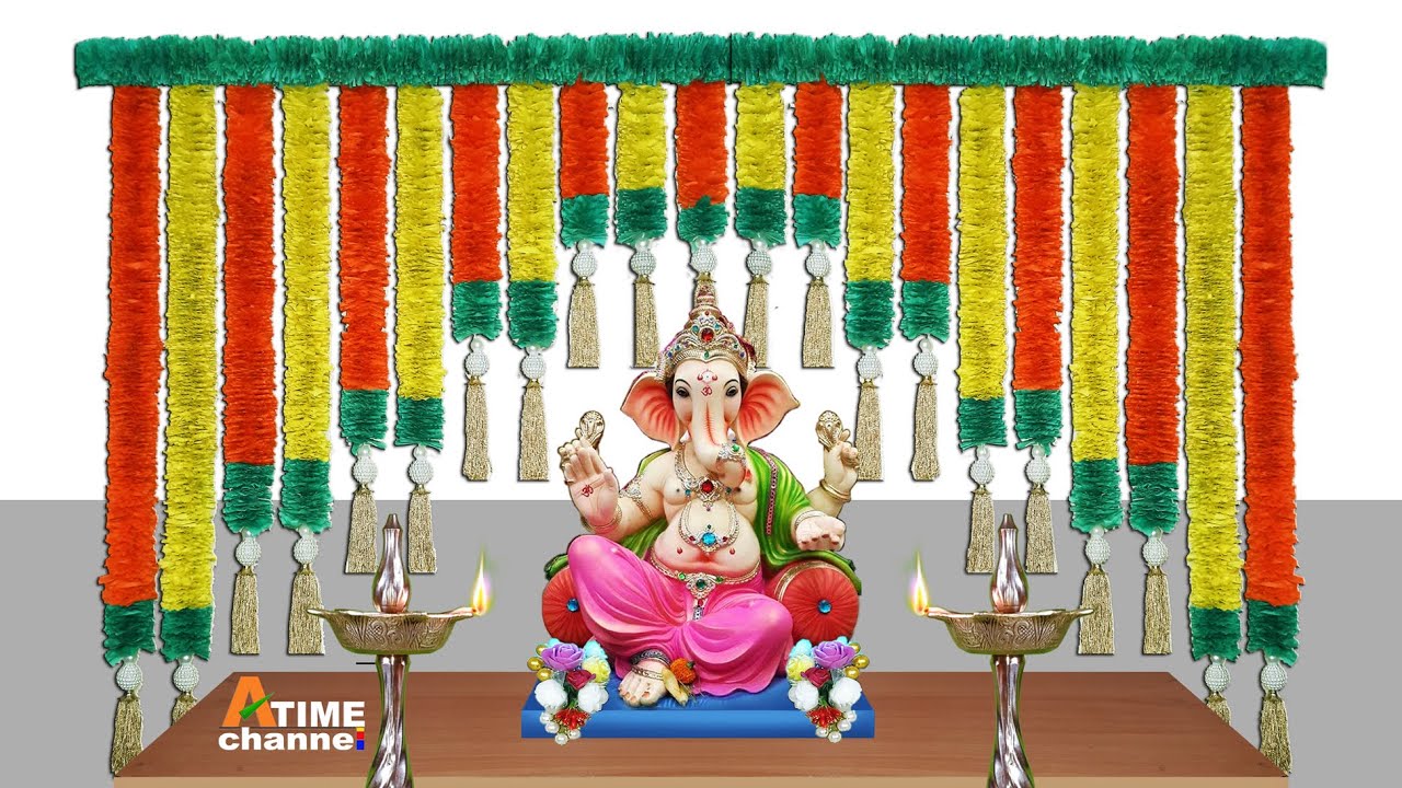 easy and simple ganpati decoration | eco friendly ganpati decoration | Marigold Paper Flower Toran .