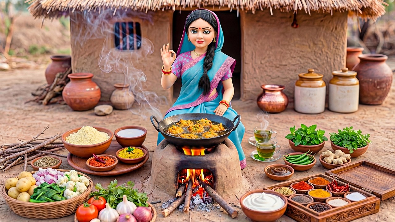 Miniature Doll Vegetable Pakora, Chutney & Mint Tea Cooking ASMR | Indian Village Tiny Kitchen Story