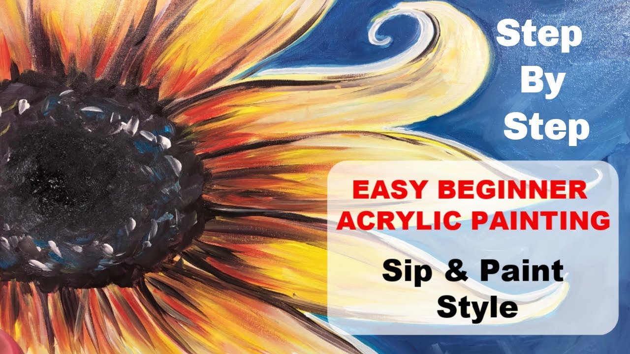 Easy beginner acrylic painting. Step by step painting lesson. Sip N Paint style. SUNFLOWER