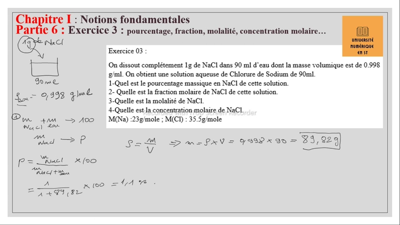 1.6 : exercice 3 : Pourcentage, fraction, molarit&eacute;, concentration molaire...