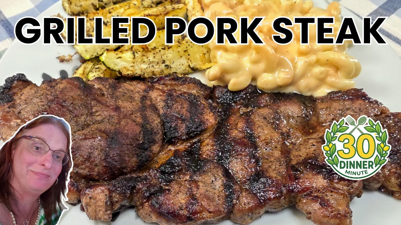 30 Minute Dinner: Grilled Pork Steak, Parmesan Crusted Zucchini, Homemade Mac & Cheese
