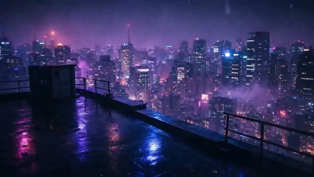 Rooftop Rain - 3.5 Hours City Skyline Night Ambience 🌧️ Neon Urban Rain Atmosphere
