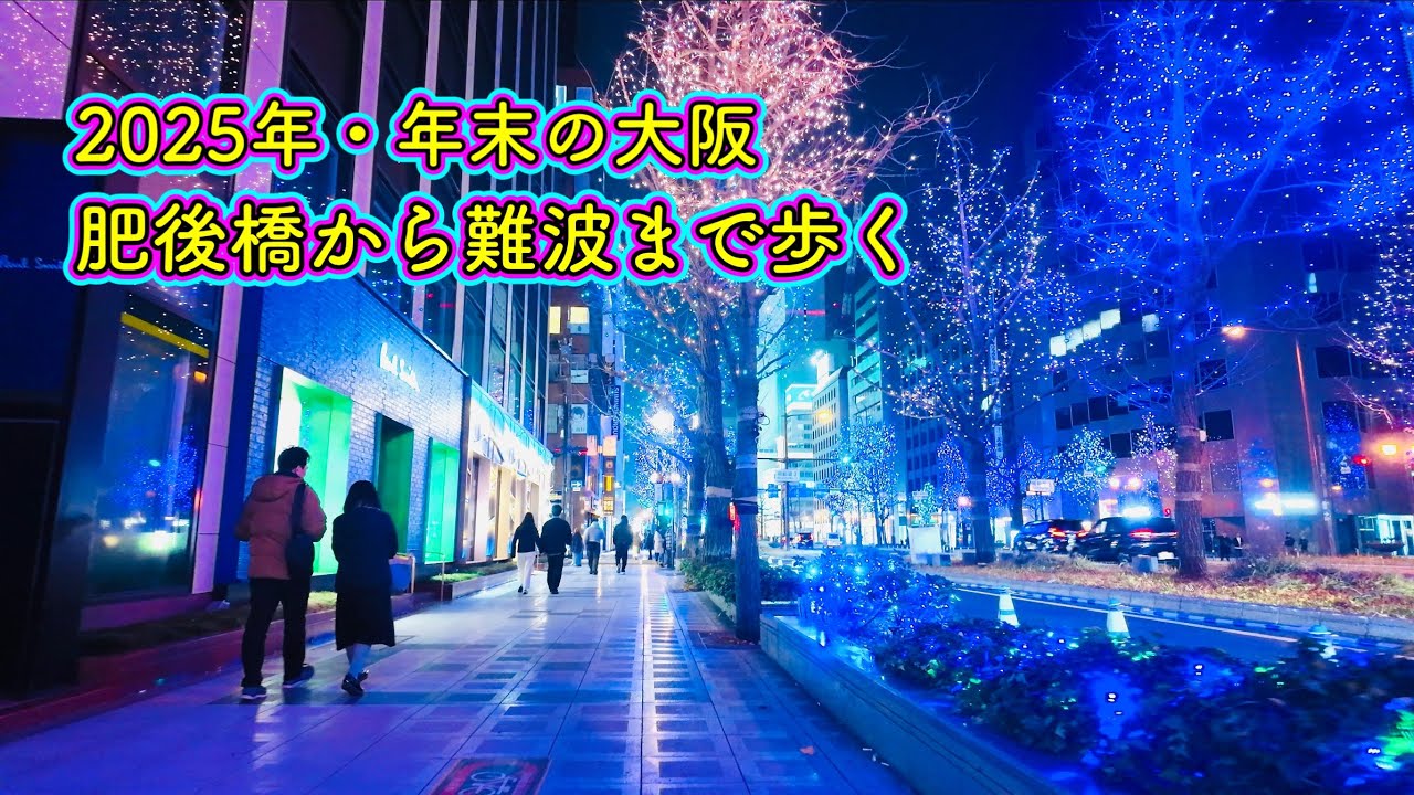 年末の夜の大阪　肥後橋から御堂筋イルミネーション、難波まで歩く　Walk to Osaka, Midosuji, Dotonbori, and Namba  2025.12.28