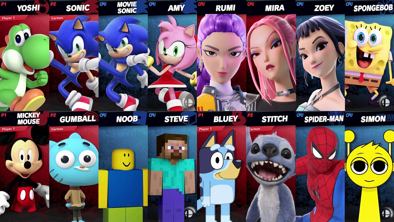 NEW Sonic vs Roblox vs Minecraft vs Spider-Man vs Fortnite vs Bluey vs SpongeBob in Smash Bros