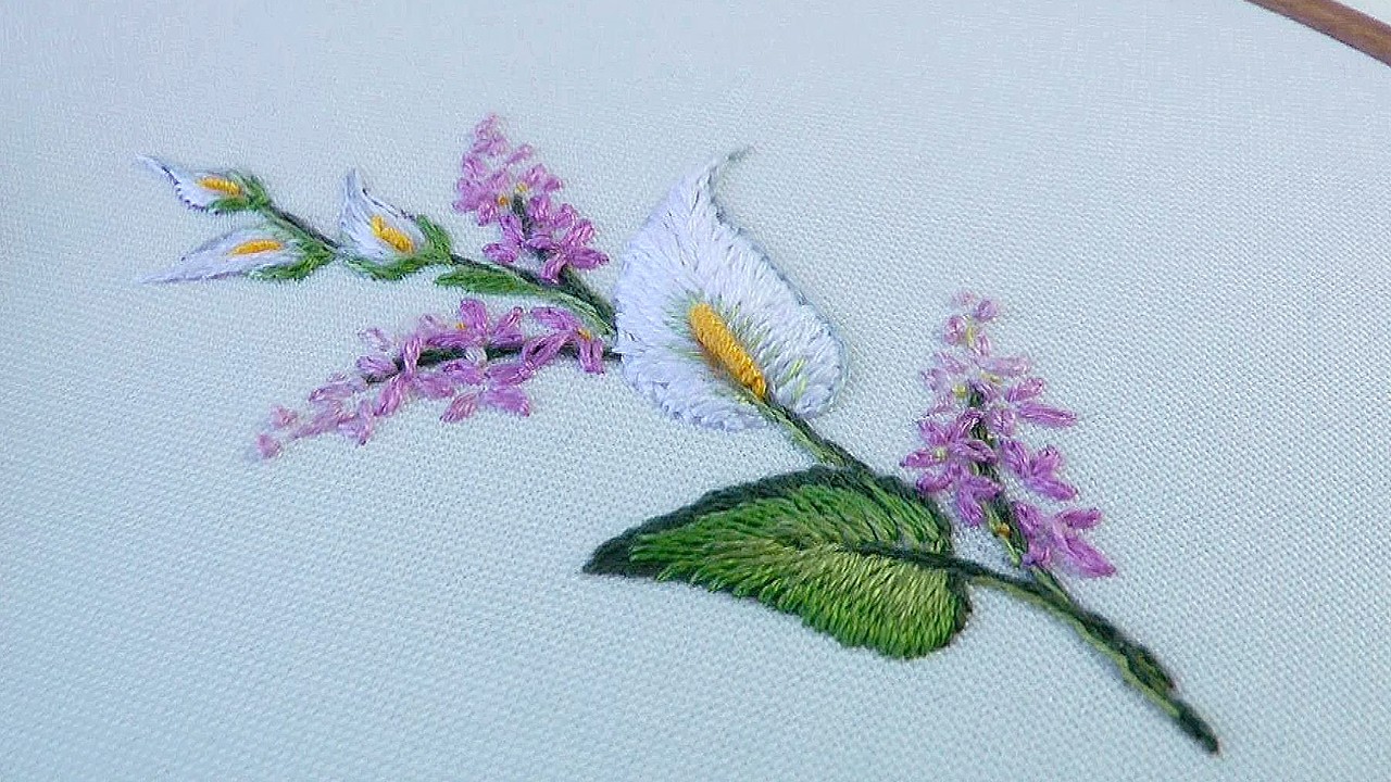 Beautiful Florals Embroidery Calla and Lilacs Satin Stitch Technique