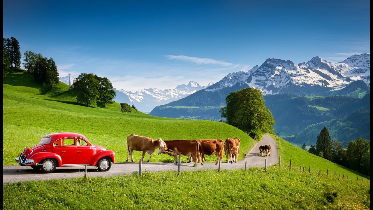 Driving in Switzerland 🇨🇭 with Beautiful Views of Swiss Villages in Green Valleys