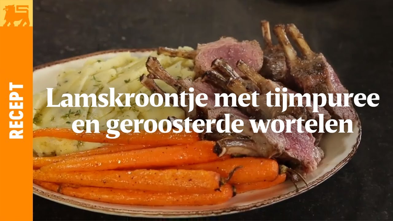 Lamskroontje met tijmpuree en geroosterde wortelen