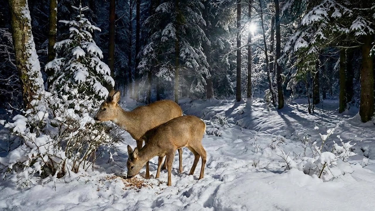 🦌 16.02.2026 sarny w nocnej zimowej scenerii.