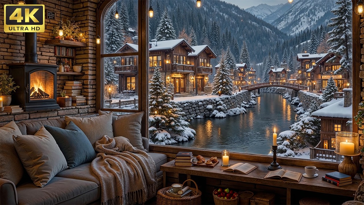 Beautiful Winter Coffee Shop ❄️ Gentle Jazz Music & Warm Fireplace for Study & Work