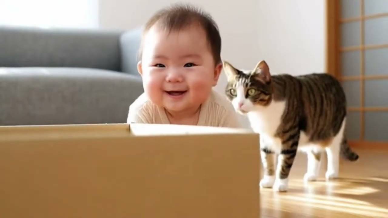 気になるのは箱？それとも赤ちゃん？猫の確認が始まる