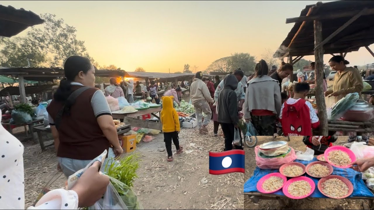 เดินตลาดลาว ตอนเช้าๆ มีของกินของใช้ผักสดๆช่วงเช้าเช้าเยอะ