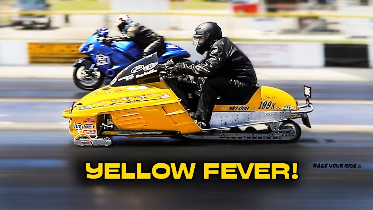 ASPHALT DRAG RACING SNOWMOBILE! SKI-DOO SLED BATTLES SUZUKI HYABUSA AND THE WIND! BYRON DRAGWAY!