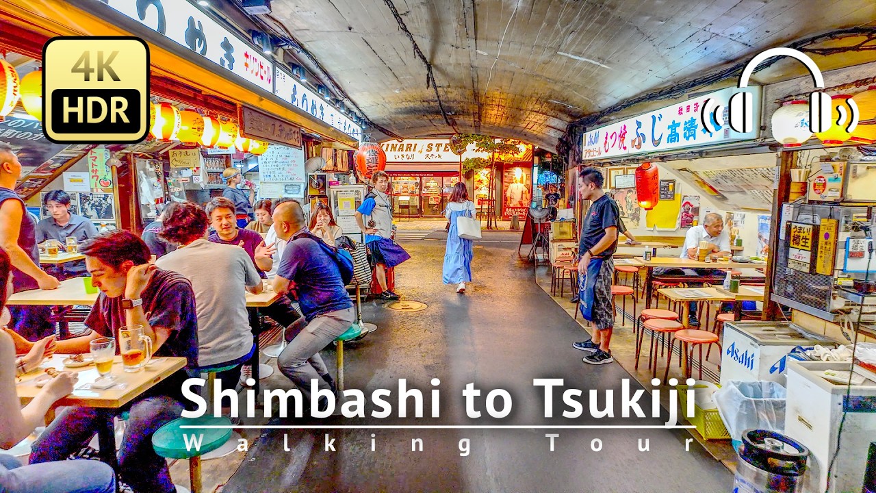 Japan - Tokyo Summer Night Walk from Shimbashi to Tsukiji [4K/HDR]