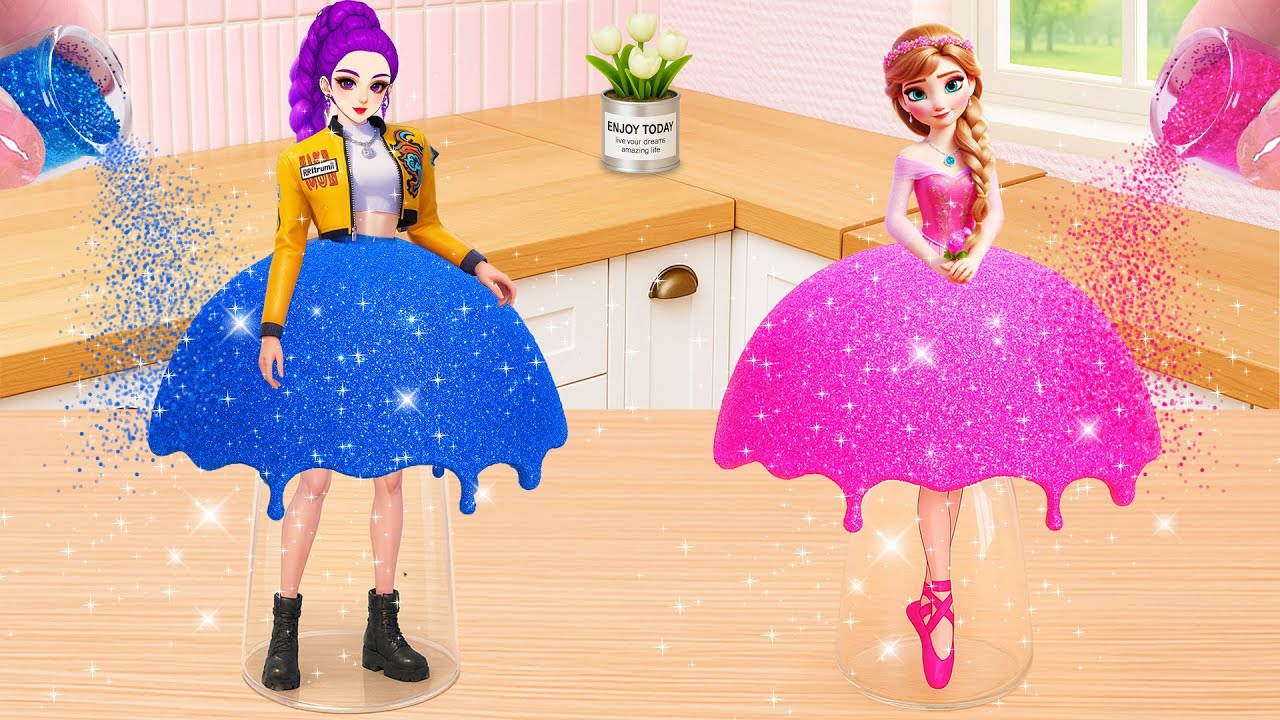 Торт в виде платья принцессы с блестками синего и розового цветов ✨🎂 | Украшение торта в стиле K-...