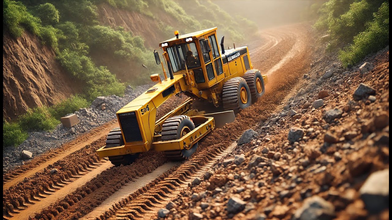 Best road construction vehicle, Komatsu GD 670A yellow grader working on a dirt road to step-by-step