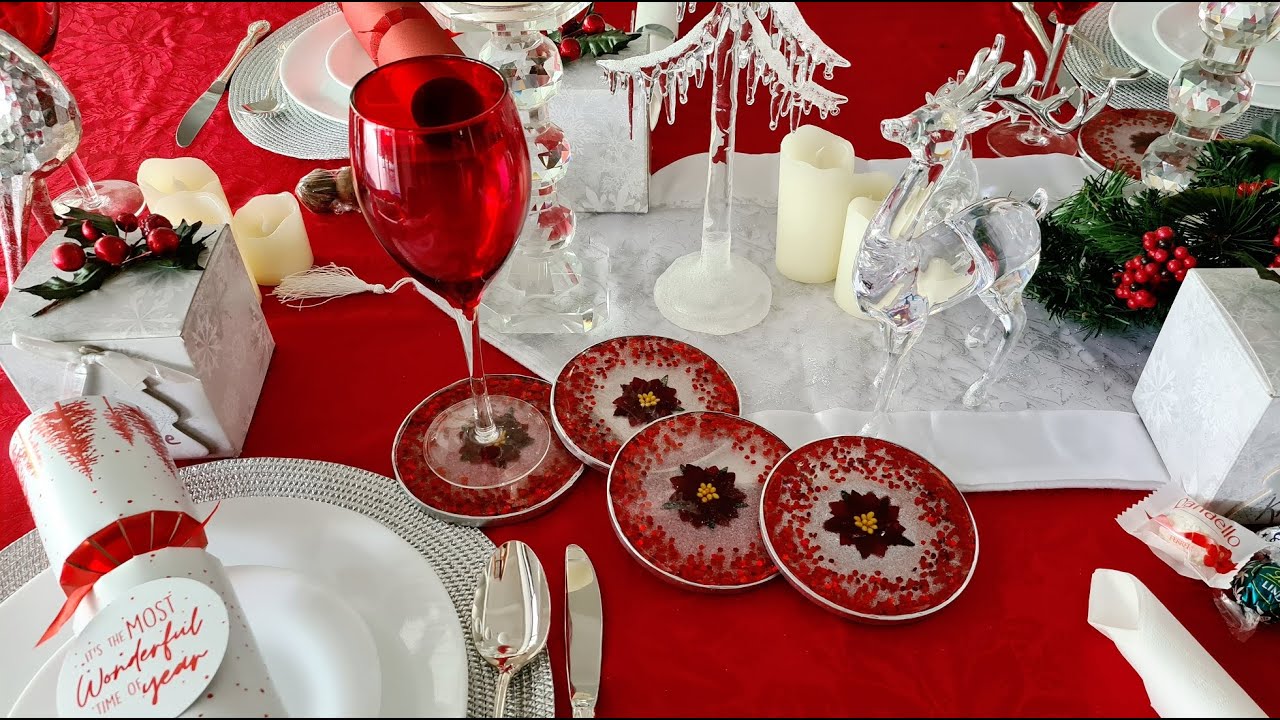 #1071 Festive Red And Silver Round Christmas Resin Coasters