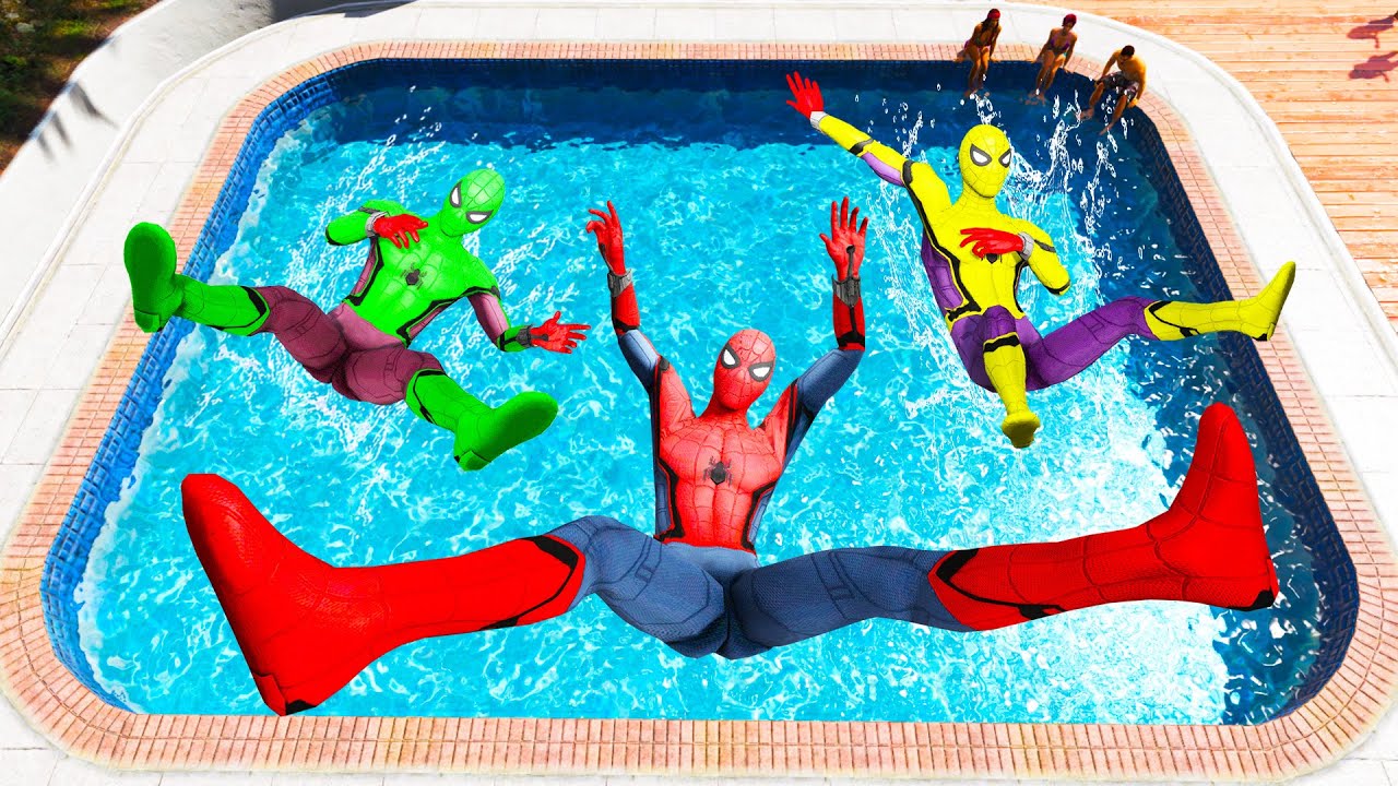 GTA 5 Rainbow  Vs Yellow Red & Green Spiderman Jumping Into Pool (Euphoria Physics/Ragdolls) #1
