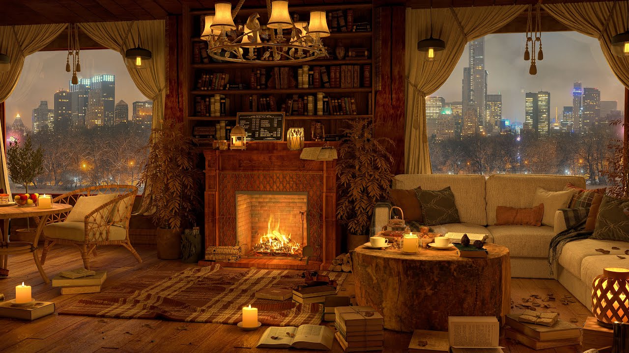 4K Fall Library Coffee Shop Ambience with Soft Jazz Music for Sleeping, Reading & Relaxation